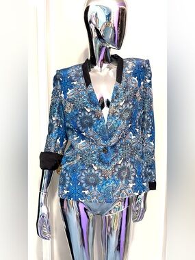 🏖️Summer Sale: Helmut Lang Blue Mandala Print Blazer w/Black Trim - silk lined
